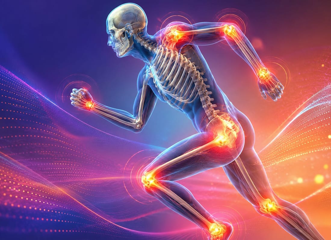 Anatomical running figure with glowing joints highlighted: bone and joint stress visualisation