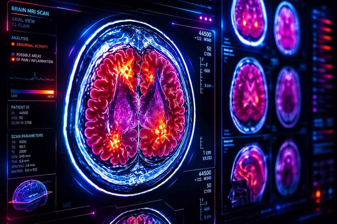 Vibrant brain MRI scan on a futuristic display highlighting areas of activity