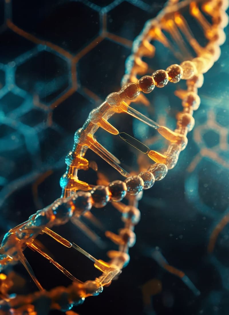 A DNA double helix rendered in gold and blue against a dark hexagonal background