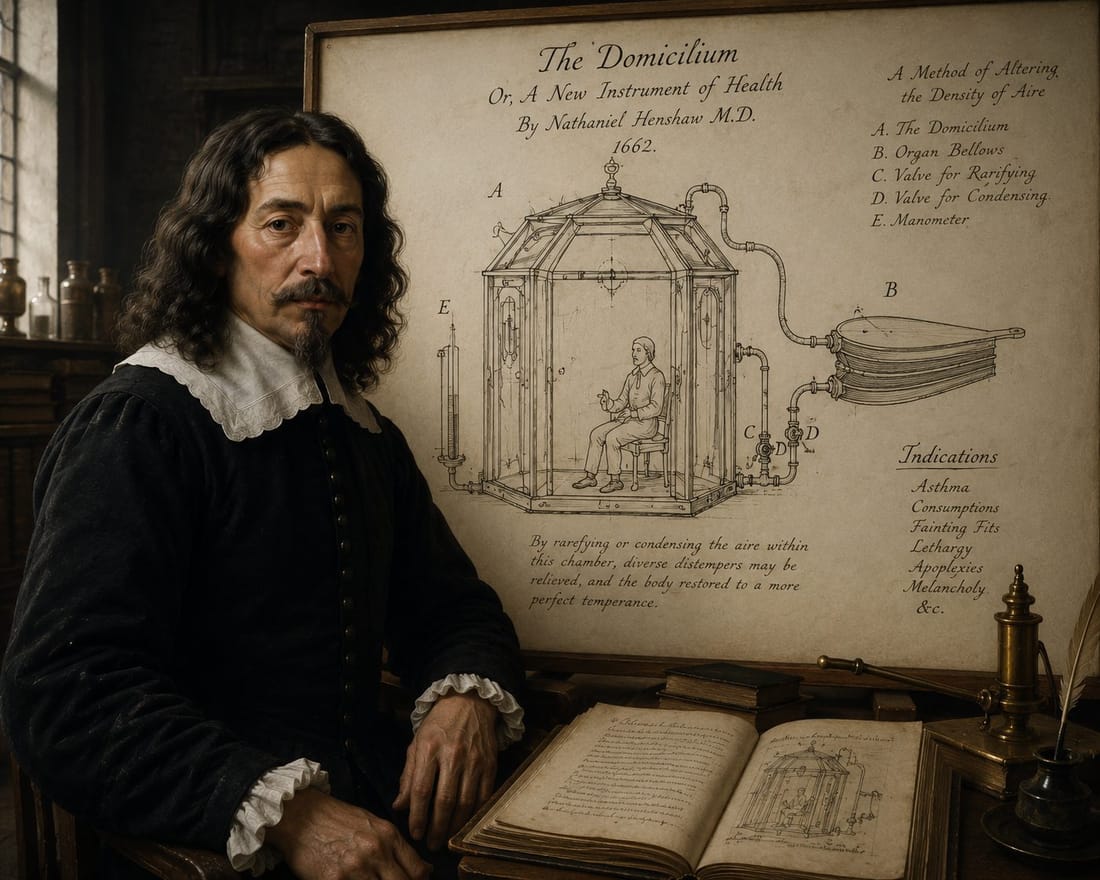 Illustration of Nathaniel Henshaw's 1662 domicilium, the first pressure chamber