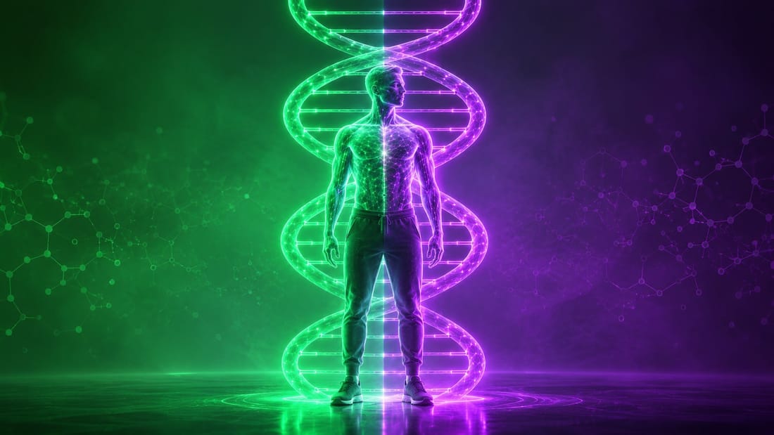 A glowing human figure standing before a green-and-purple DNA double helix - representing the longevity and biohacking movement's interest in hyperbaric oxygen for cellular health