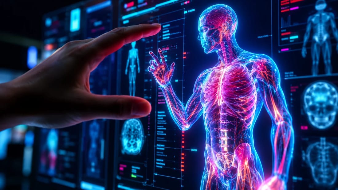 Visualisation of a human body with its vessels, organs and nervous system lit up